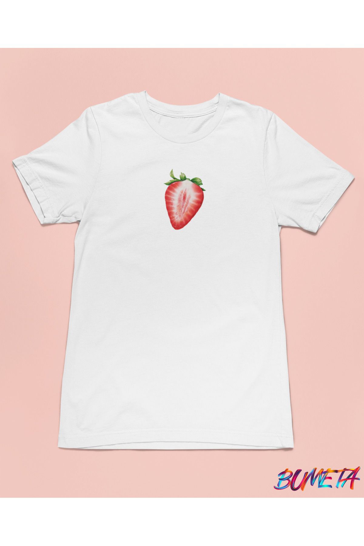 Bumeta Çilek Dilimi Minimal Meyve Unisex Tişört T-Shirt