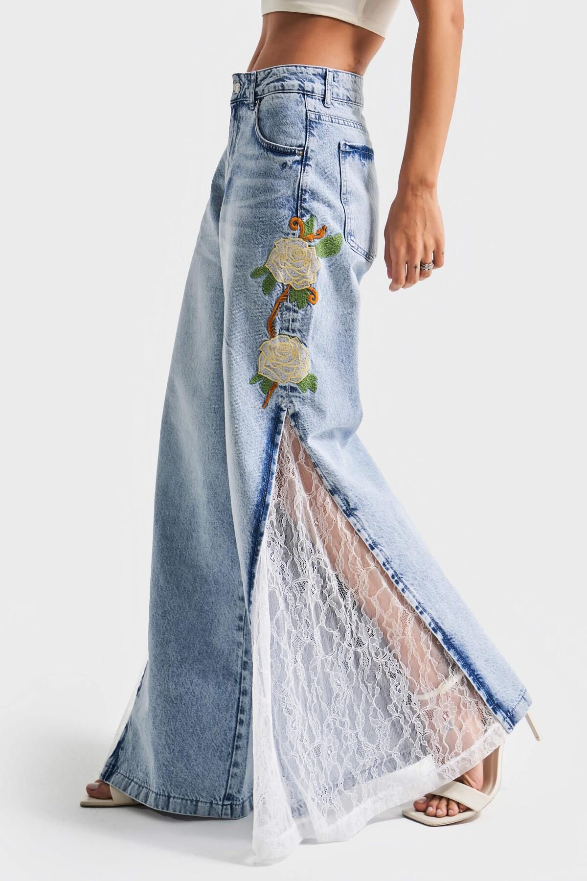 its basic Kadın Kot Rengi 4s5-27 Palazzo Fit Çiçek Nakışlı Dantel Detaylı Tasarım %100 Koton Denim Jean