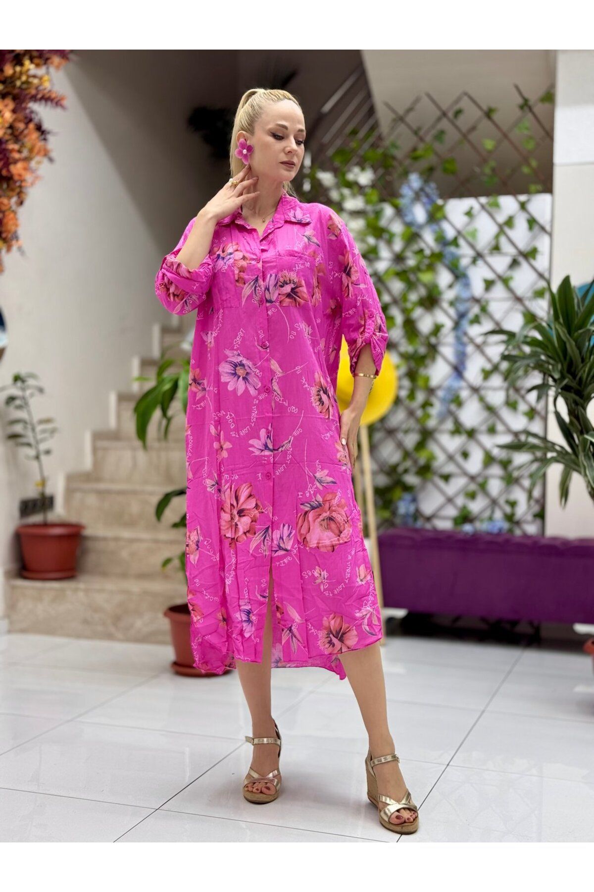 Punta Otantik YG304005 İtalyan Coton Pareo Gömlek Elbise Pembe