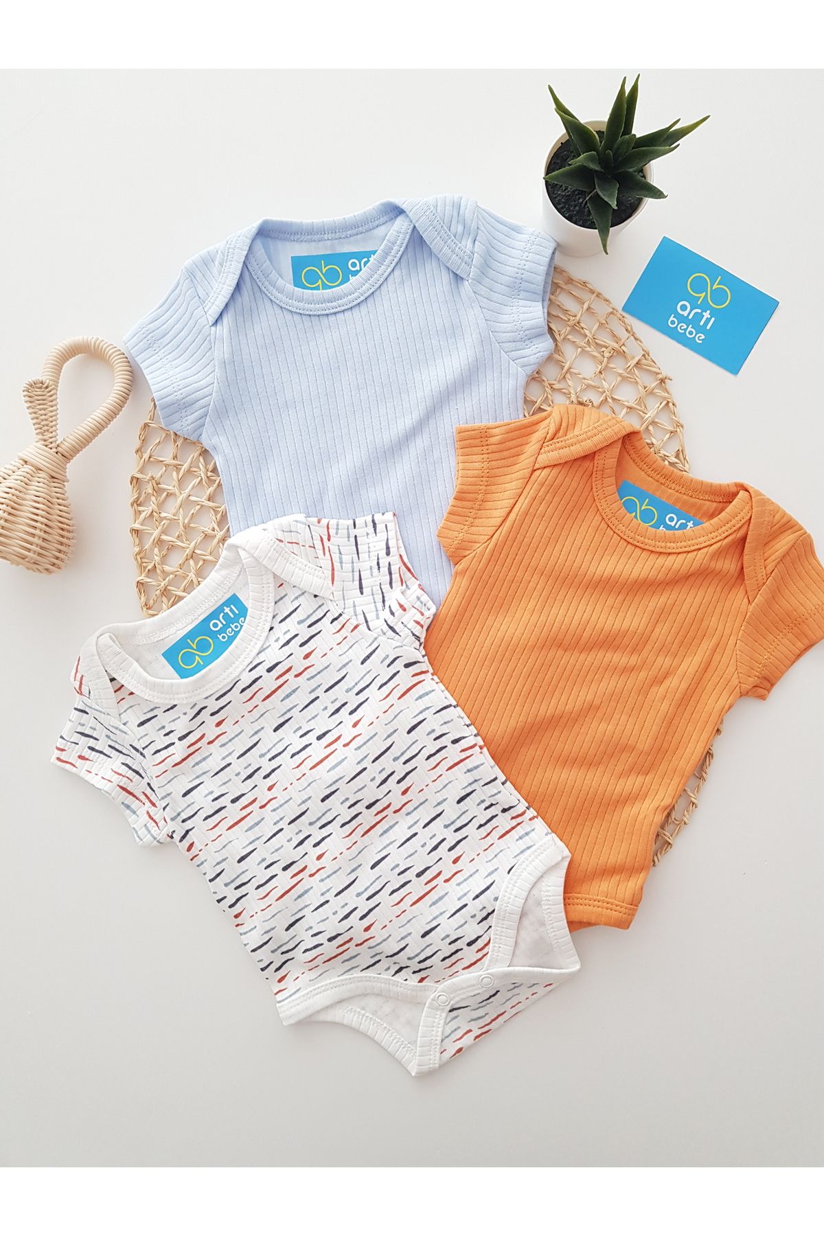 artıbebe Çizgili 3lü Kısa Kol Body %100 Pamuklu Likralı Yenidoğan Penye Bebek Zıbın&Body&Üst&Atlet