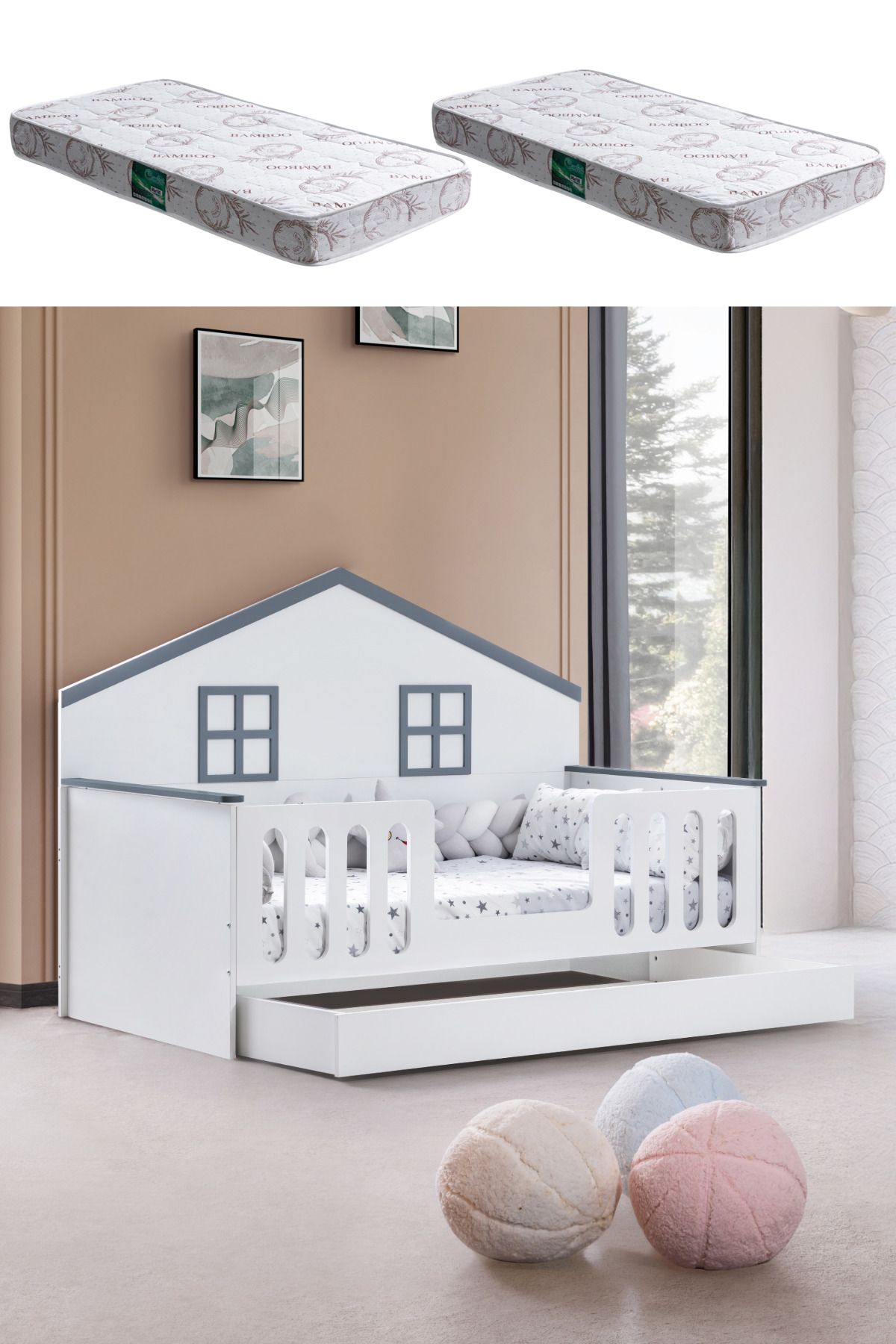 Setay Yavrulu Karyola, Bello Yavrulu Montessori Yatak - Gri + 2 Adet Comfort Yatak