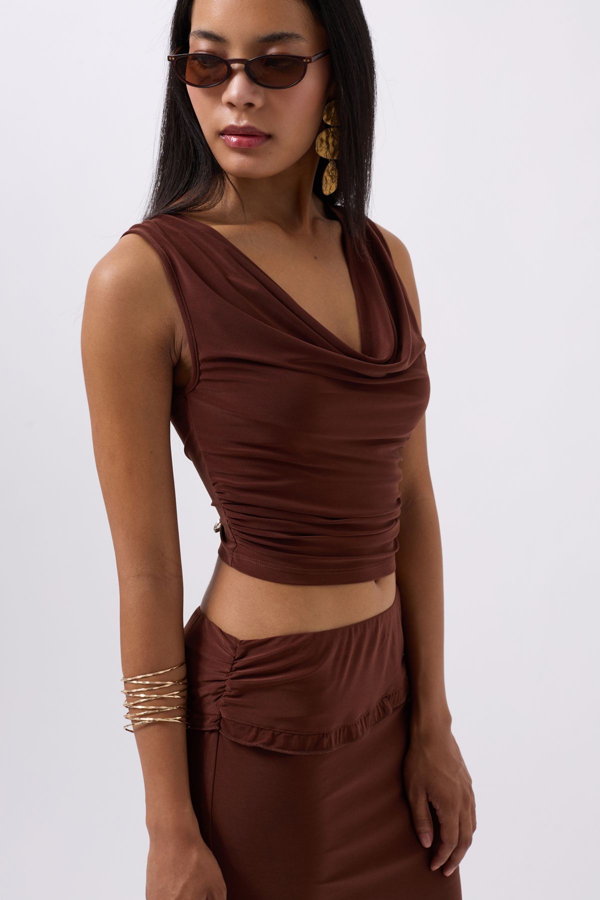 Black Fashion Degaje Yaka Kahverengi Crop