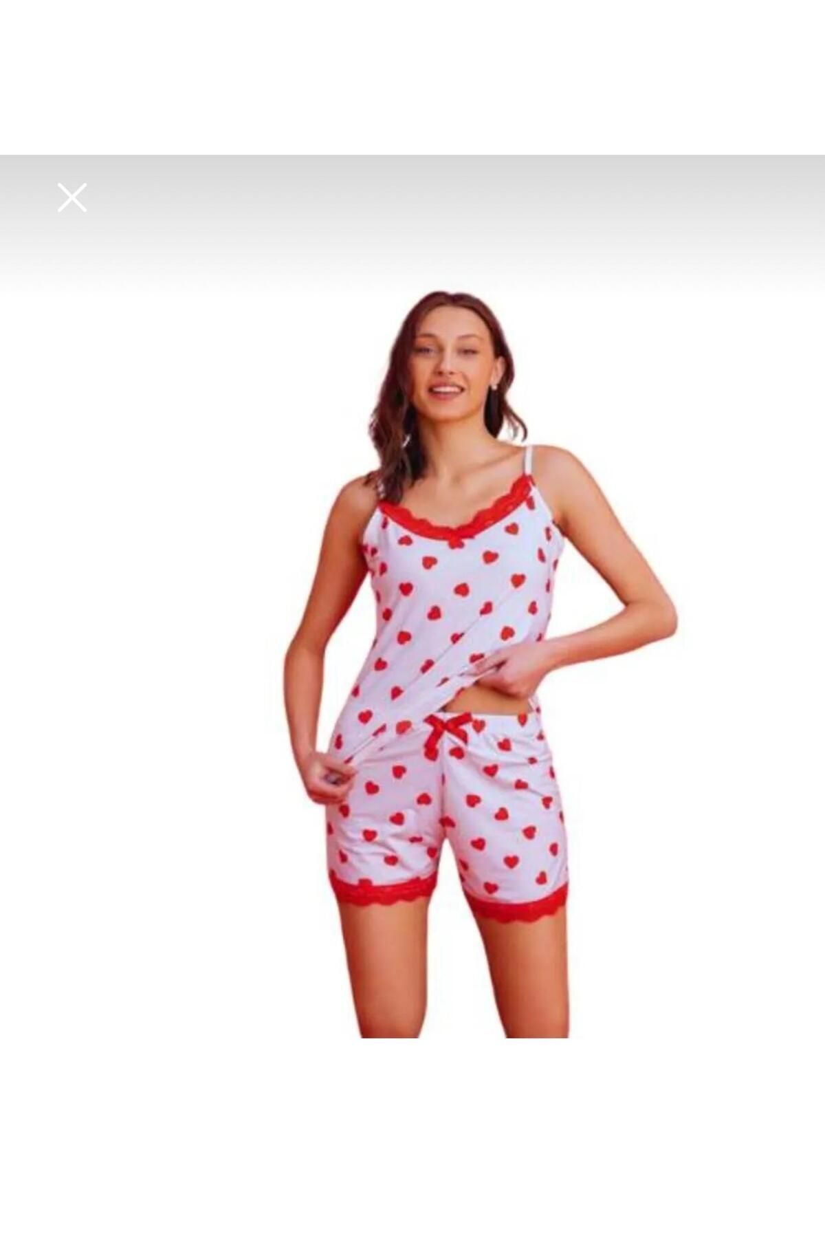 Manolya ÇOK ŞIK YAZA ÇOK YAKIŞAN KIRMIZI KALPLI MİLAN KUMAŞ PIJAMA TAKIMI