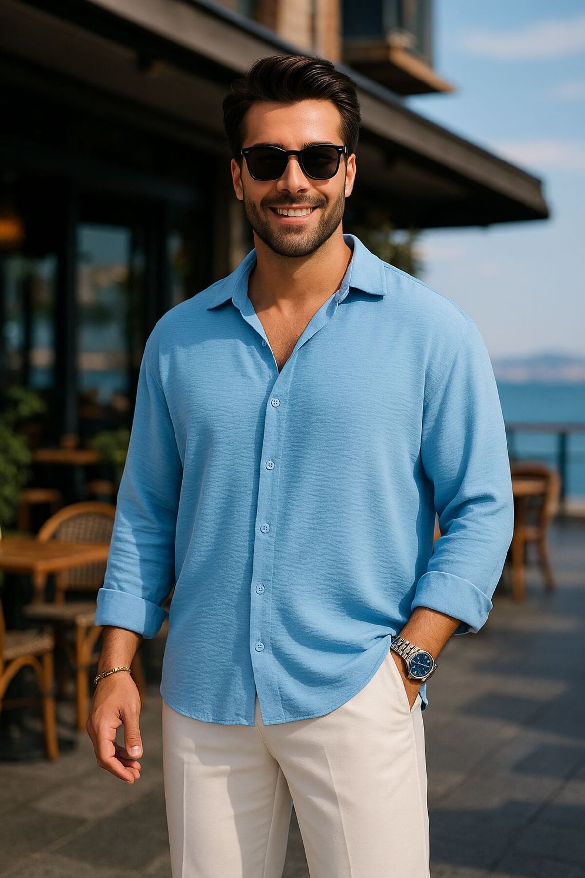 EKZMODA Erkek Bebe Mavisi Keten Dokulu Oversize Bol Kalıp Gömlek