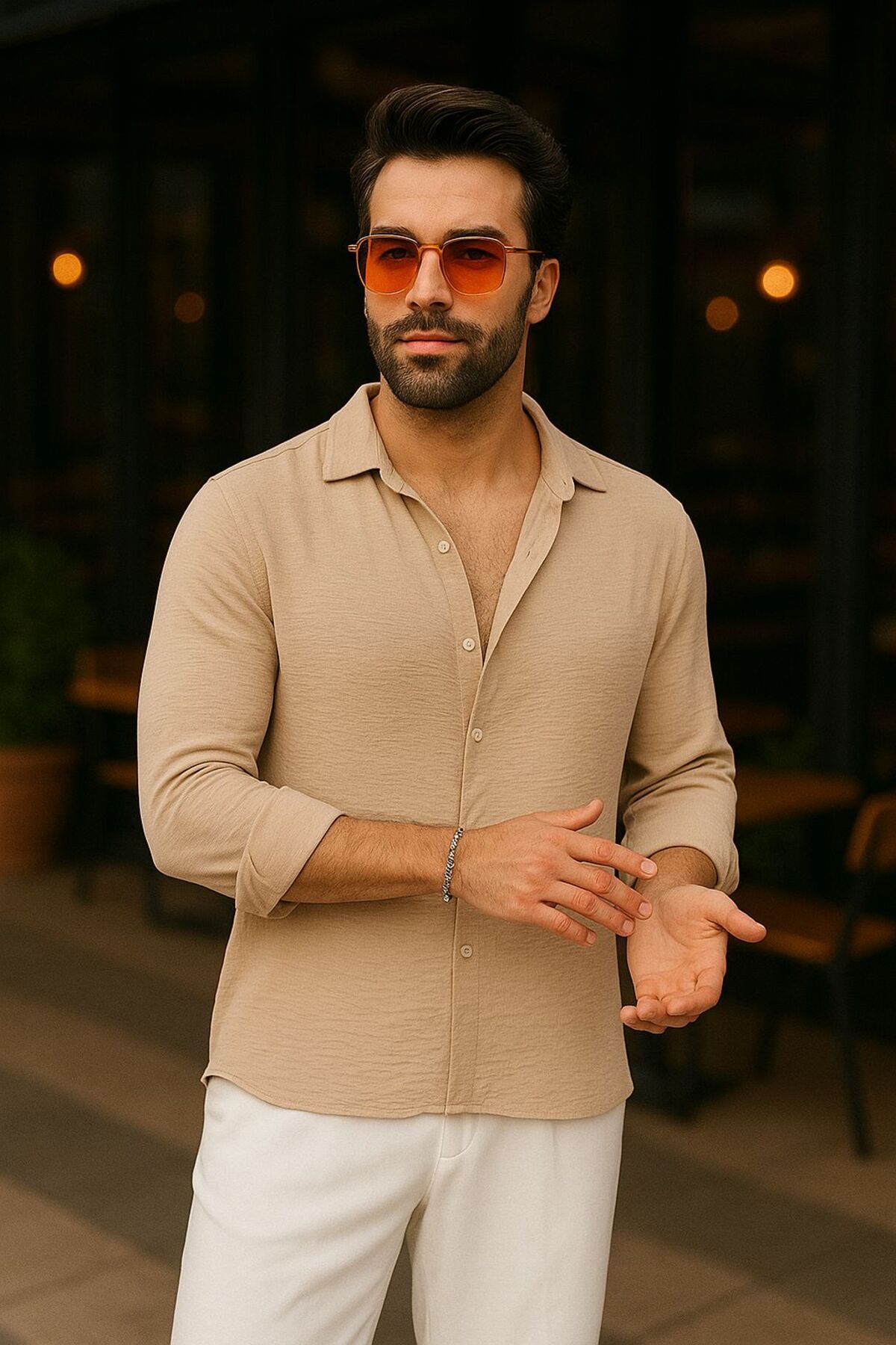 EKZMODA Erkek Bej Keten Dokulu Oversize Bol Kalıp Aerobin Gömlek