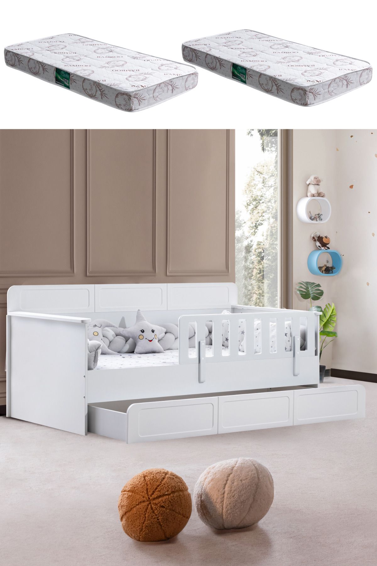 Setay Yavrulu Karyola, Mira Yavrulu Montessori Karyola - Beyaz + 2 Adet Comfort Yatak
