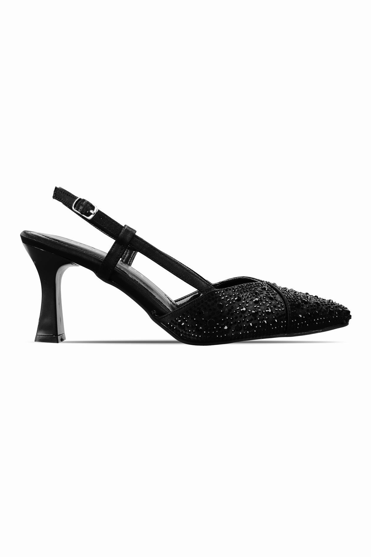 Lal Shoes & Bags Rosegold Kadın Taşlı Saten Sivri Burun Abiye Topuklu Ayakkabı-siyah
