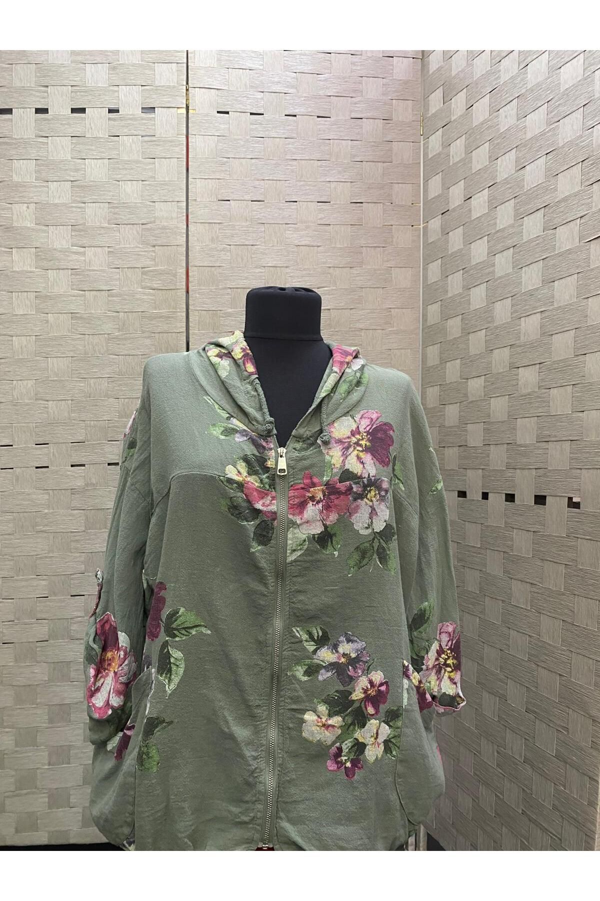 Park Moda HAKİ YEŞİL RENK ÇİÇEK DESENLİ FERMUAR KAPAMA KAPÜŞONLU MEVSİMLİK KETEN CEKET