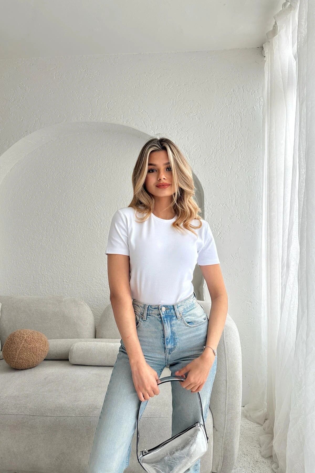 CIQULATA Bisiklet Yaka Crop Beyaz