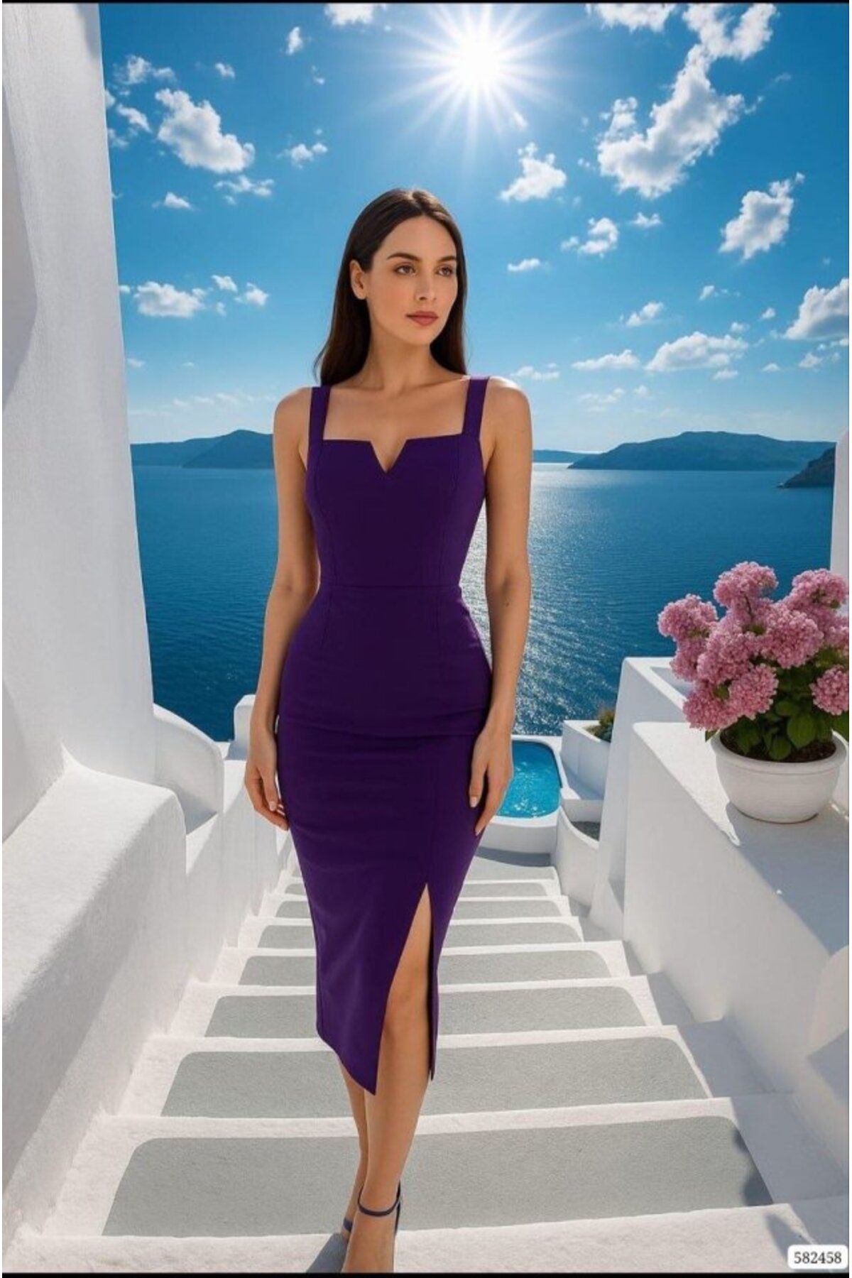 Kokosh moda Kadın Dalgıç Krep Kumaş Yırtmaç Detaylı Midi Boy Elbise