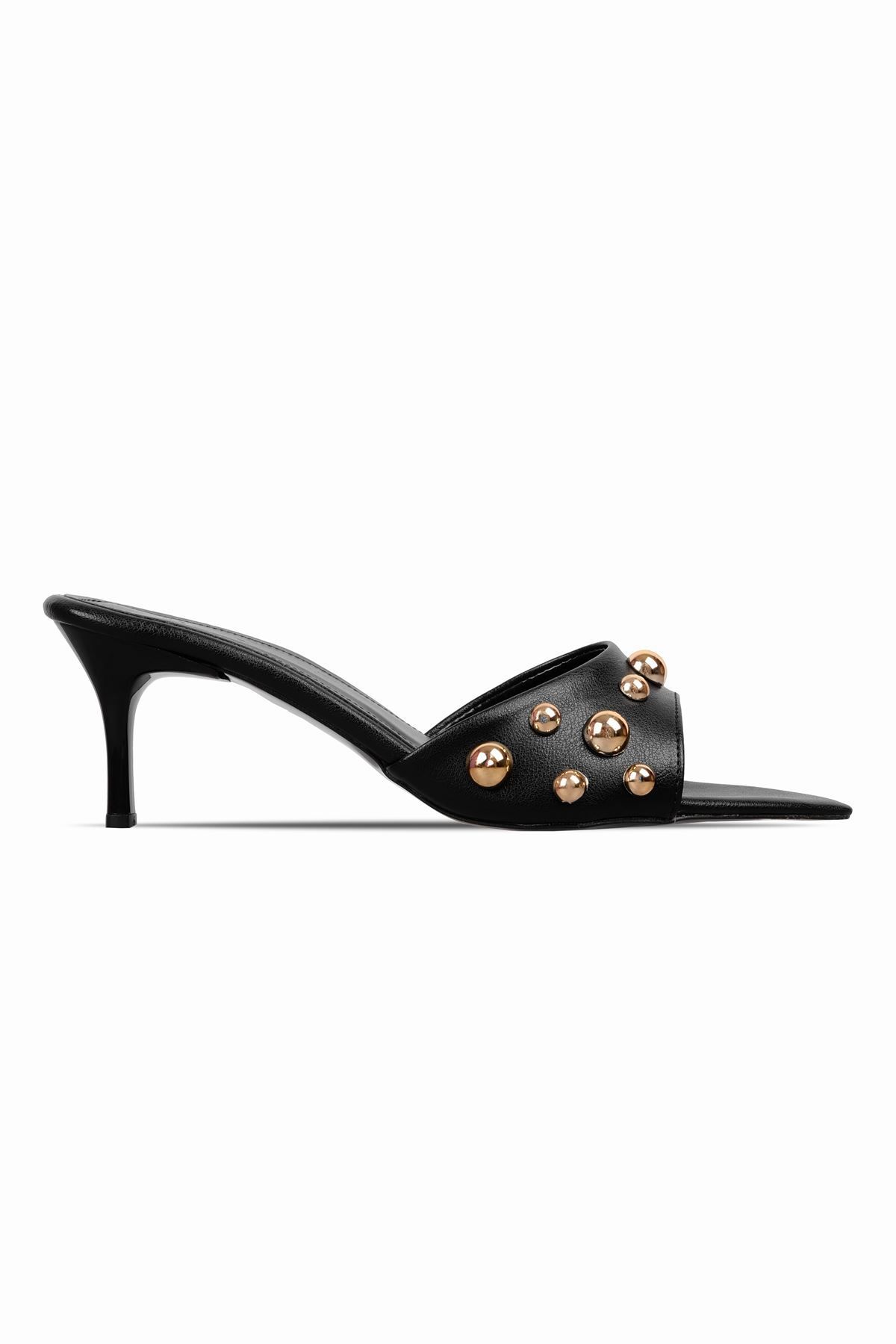 Lal Shoes & Bags Podri Kadın Top Detaylı Sivri Burun Topuklu Terlik-siyah