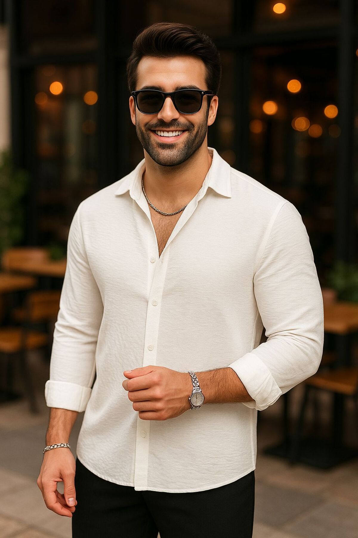 EKZMODA Erkek Beyaz Mevsimlik Keten Dokulu Oversize Bol Kalıp Gömlek