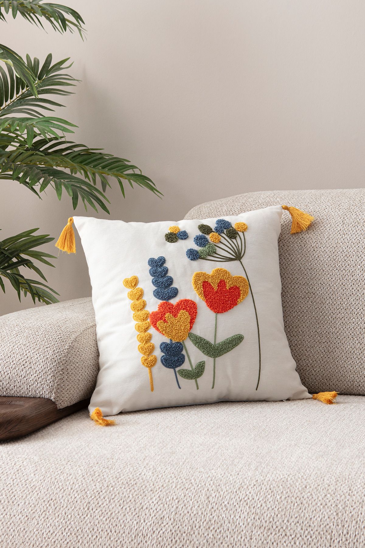 Ottoson Comfort Punch Desenli Kırlent Kılıfı Kare Dekoratif Bohem Nakışlı Koltuk Yastık Kılıfı panç 45x45