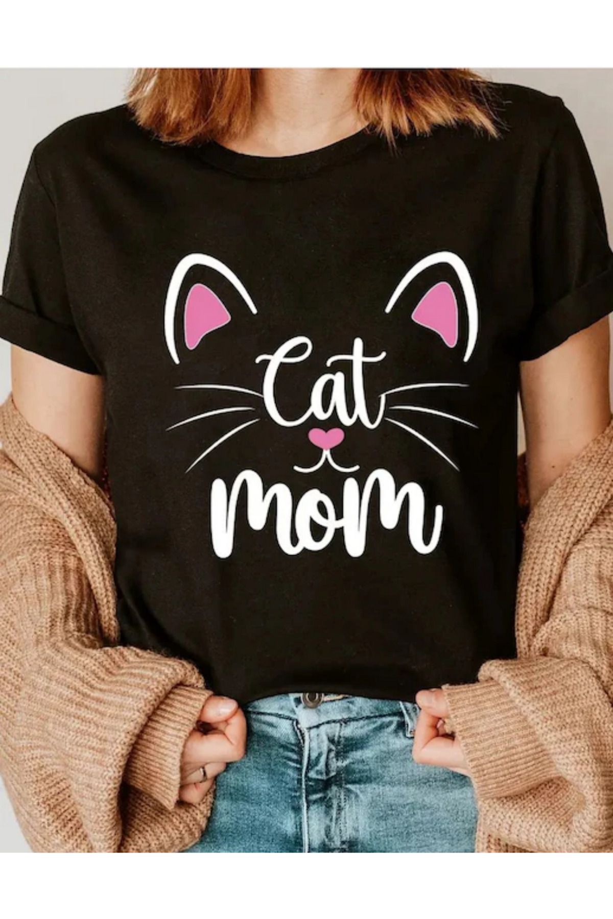 AEMİ Unisex Cat Mom Baskılı %100 Pamuk Oversize T-shirt