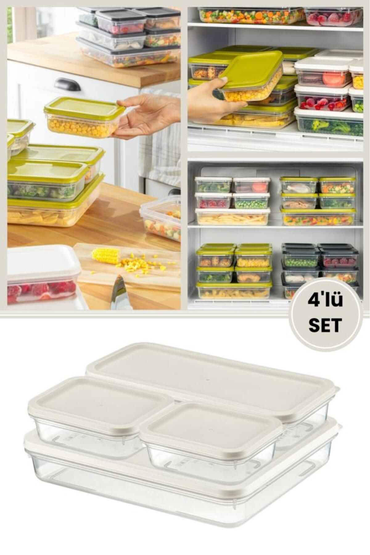 Flora 4’lü Dondurucu Saklama Kabı Seti, Buzdolabı Difriz Erzak Düzenleyici Set (2600,1200,2x500ml) Beyaz