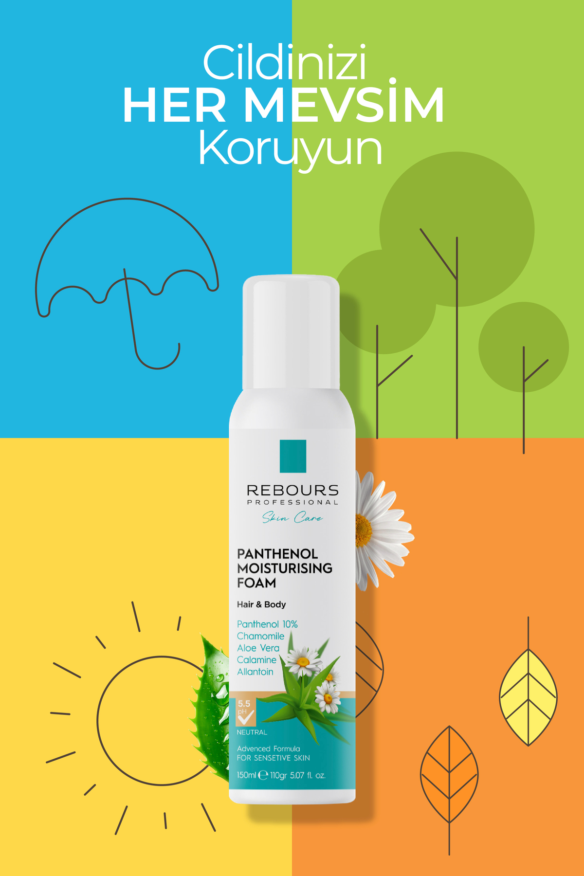 Panthenol Nemlendirici Vücut & Saç köpük 150 ml- Aloe Vera Papatya, Calamine ve Allantoin — RBkop — تصویر 5 از 6