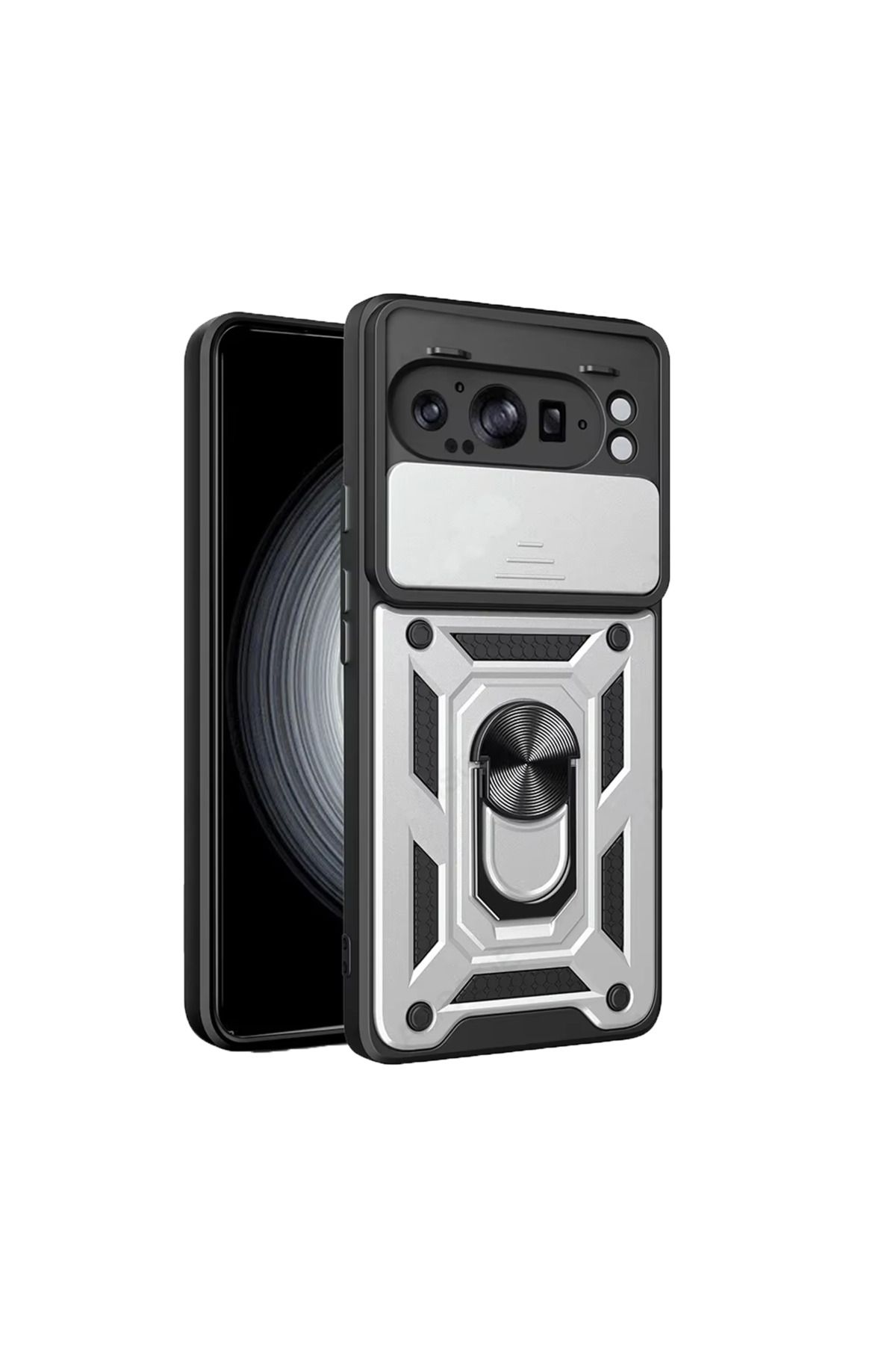 Microcase Google Pixel 9 Pro XL QUBEC Serisi Kamera Kapaklı Yüzük Standlı Kılıf-AL5117