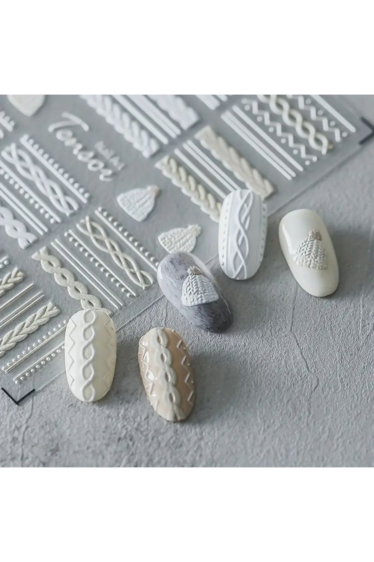 zeinapp Kendinden Yapışkanlı Beyaz Bej 3D Triko Saç Örgü Desen Tırnak Sticker Nail Sticker