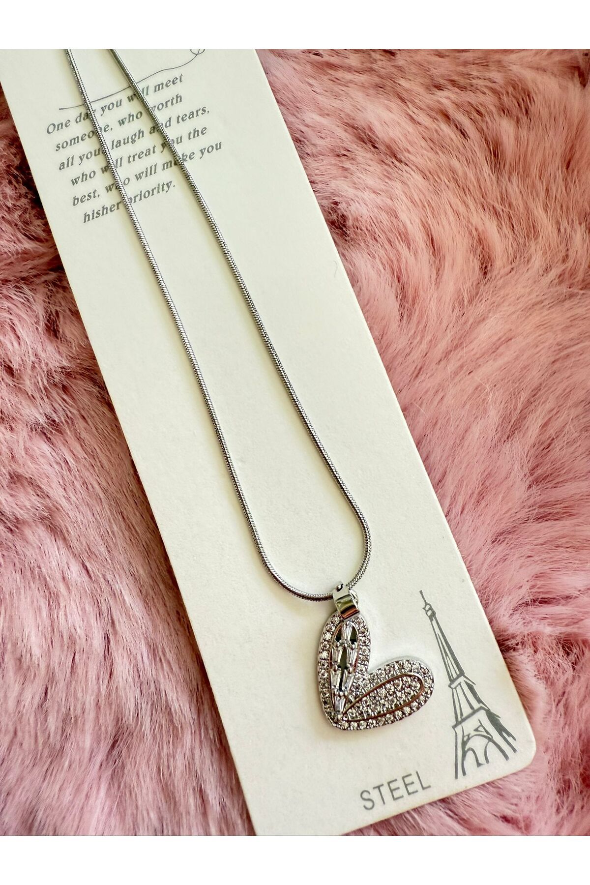 Butik Taşlı Kalp Model Çelik Kolye Altın Renk