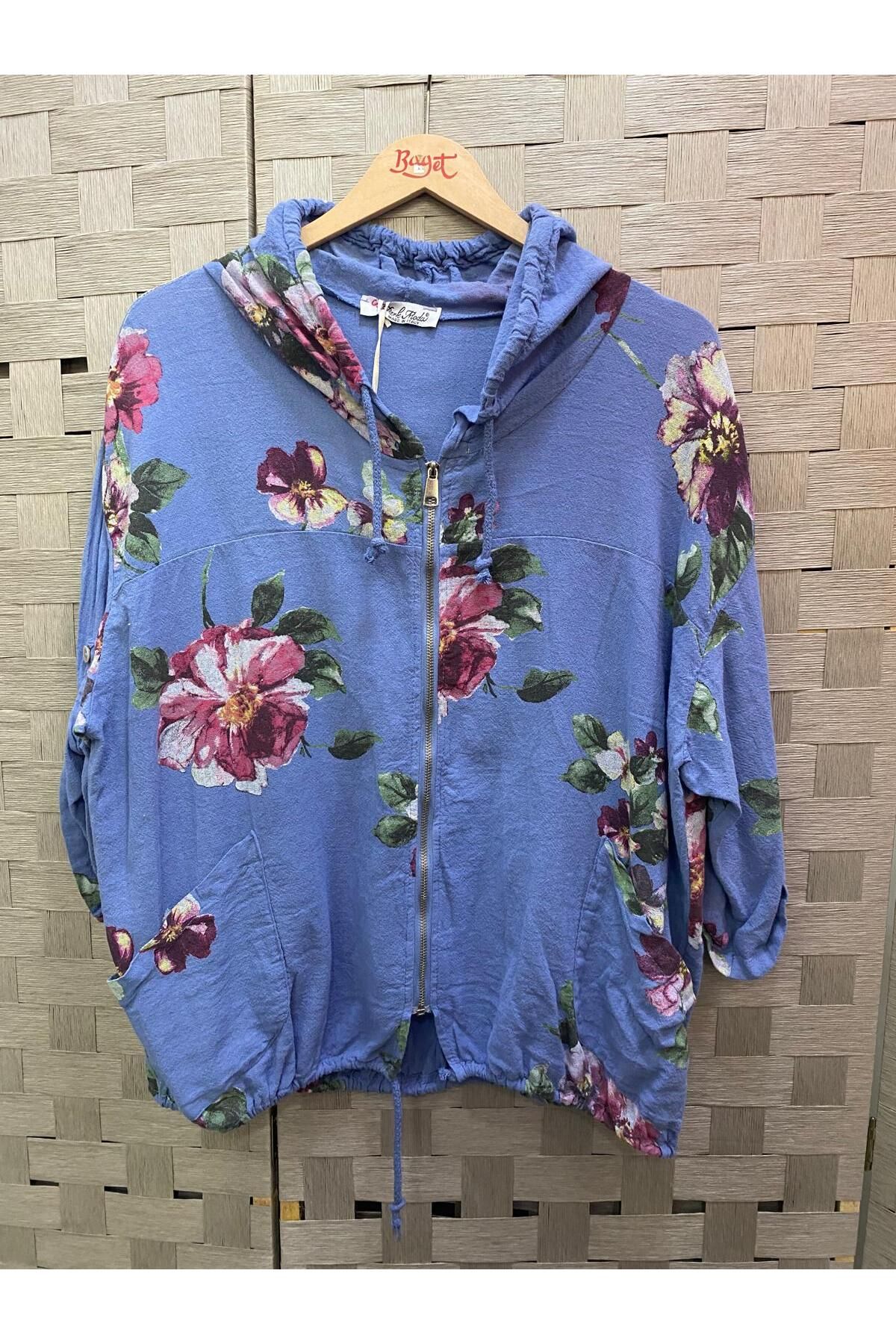Park Moda KOYU MAVİ ÇİÇEK DESENLİ KAPÜŞONLU FERMUAR KAPAMA MEVSİMLİK İTHAL KETEN CEKET