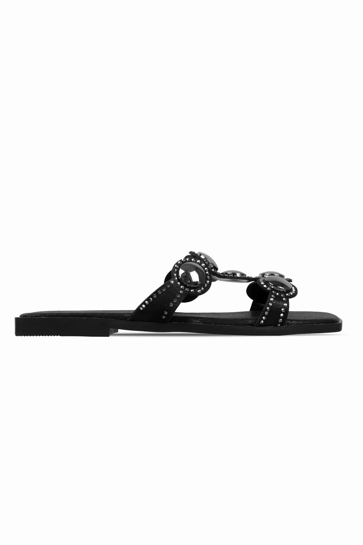 Lal Shoes & Bags Marone Kadın Yuvarlak Metal Ve Taş Detaylı Bantlı Terlik-siyah