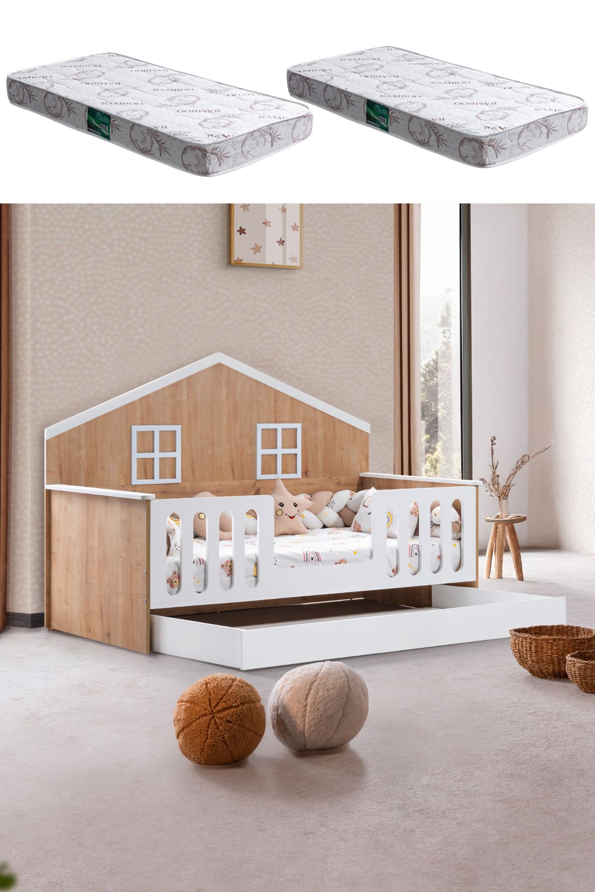 Setay Yavrulu Karyola, Bello Yavrulu Montessori Yatak - Ceviz + 2 Adet Comfort Yatak