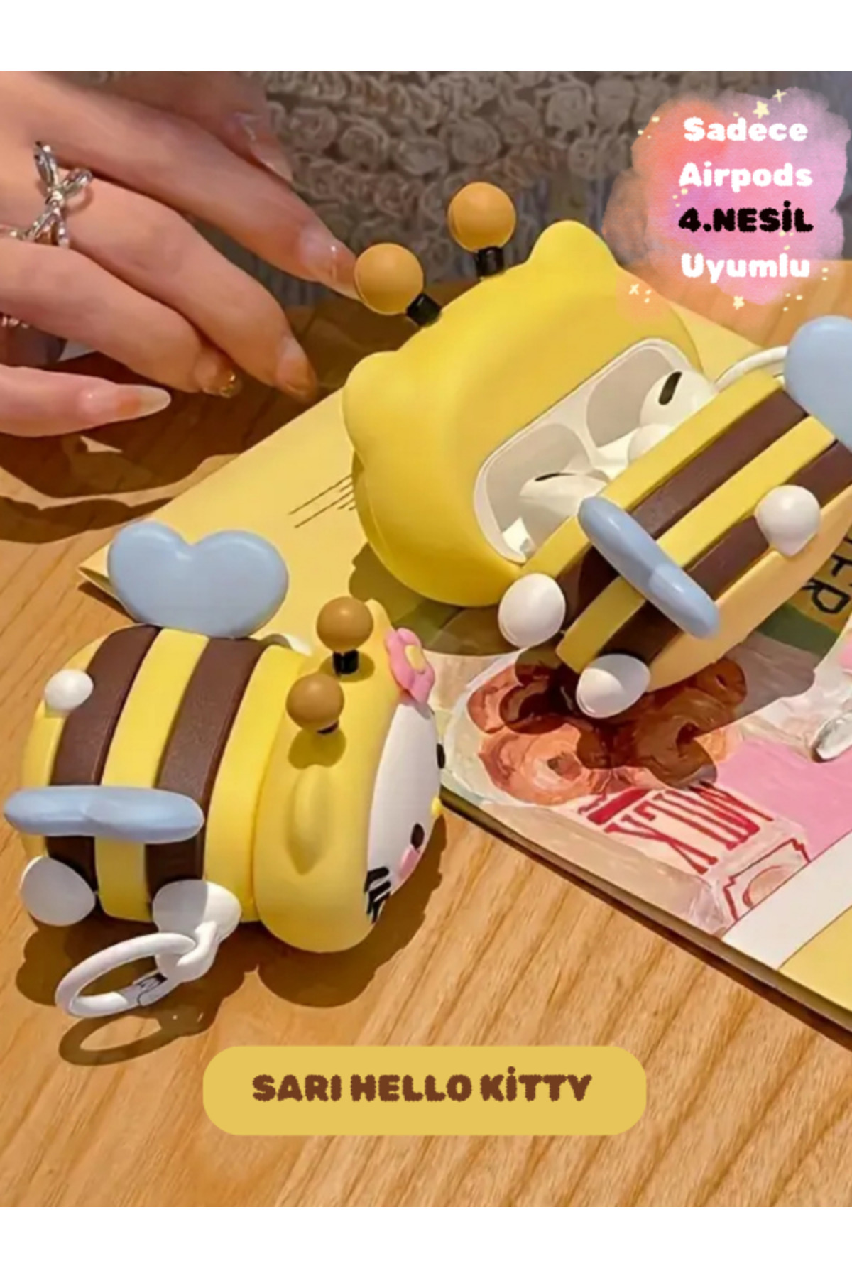 Sitarem Sanal İnternet Mağazacılığı Airpods 4.Nesil Uyumlu Sevimli Hello Kitty Tasarımlı Kalın Silikon Koruyucu Kılıf (SARI)