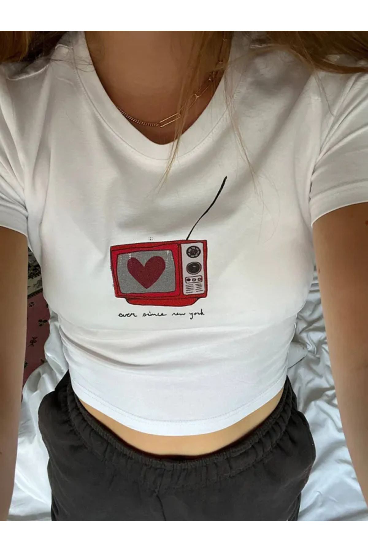 JANSO GROUP - KADIN CROP TSHIRT BASKILI BEYAZ