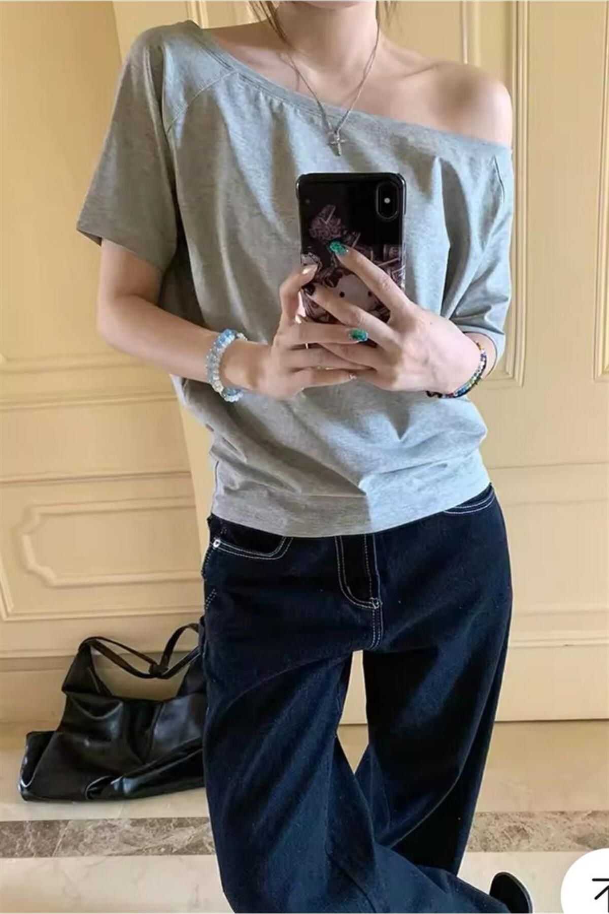 Karakedi Gri Melanj Basic Düşük Omuz Kısa Kol T-shirt