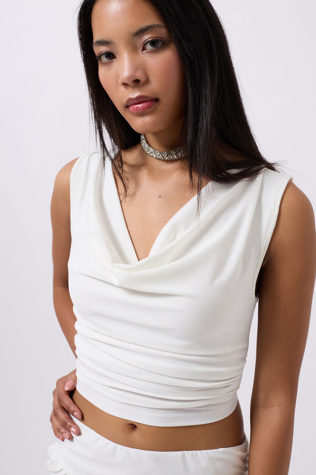 Black Fashion Degaje Yaka Beyaz Crop