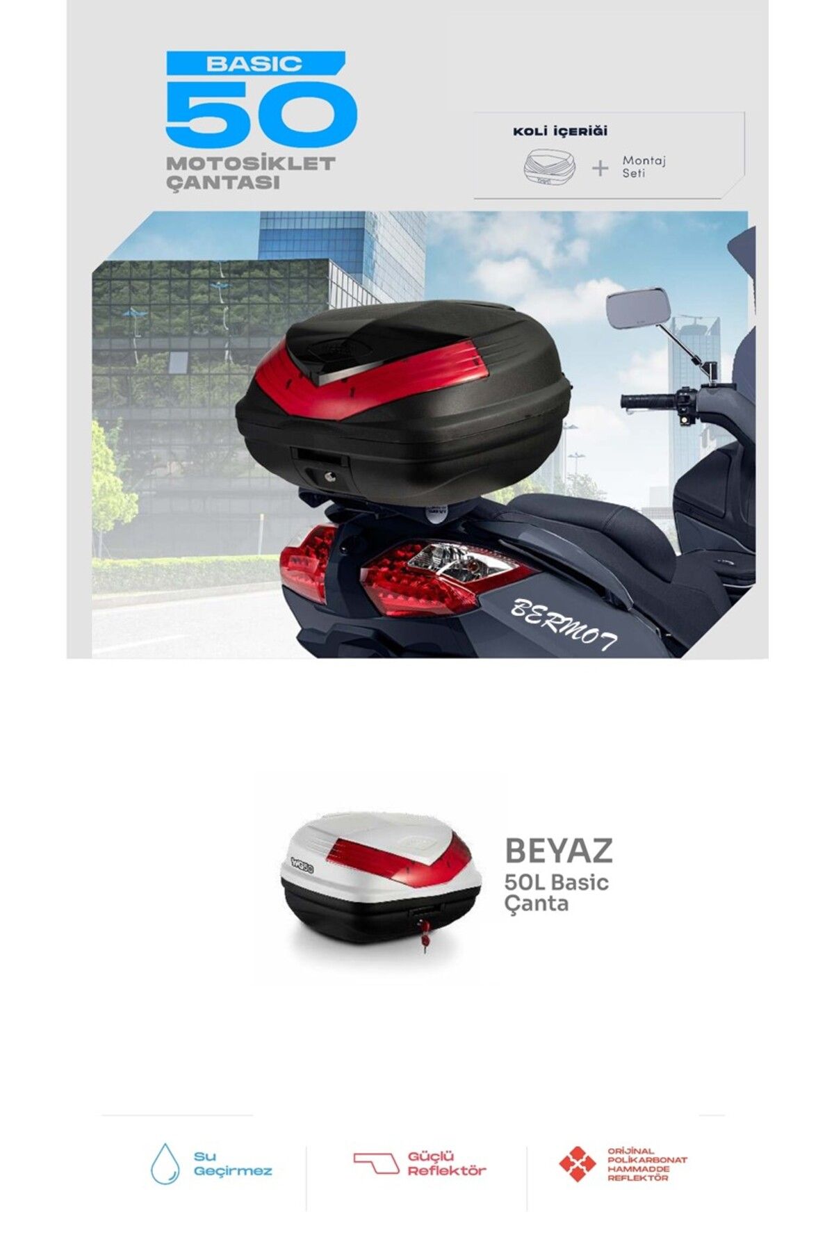 WOGEN BERMOT WOGEN KUBA TOURİNG TERRA 125 MOTOSİKLET ARKA ÇANTA 50 LİTRE BASİC BEYAZ