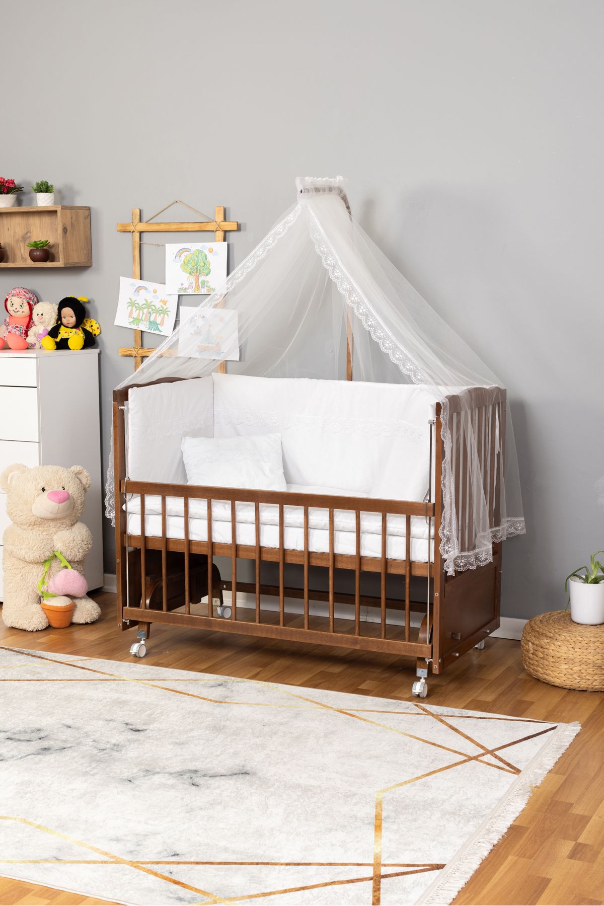 Carino Wins Ahşap Beşik Anne Yanı Yeni Doğan Tutku CEVİZ Bebek Beşiği BEYAZ GÜPÜR UYKU SETLİ + TEKERLEKLİ