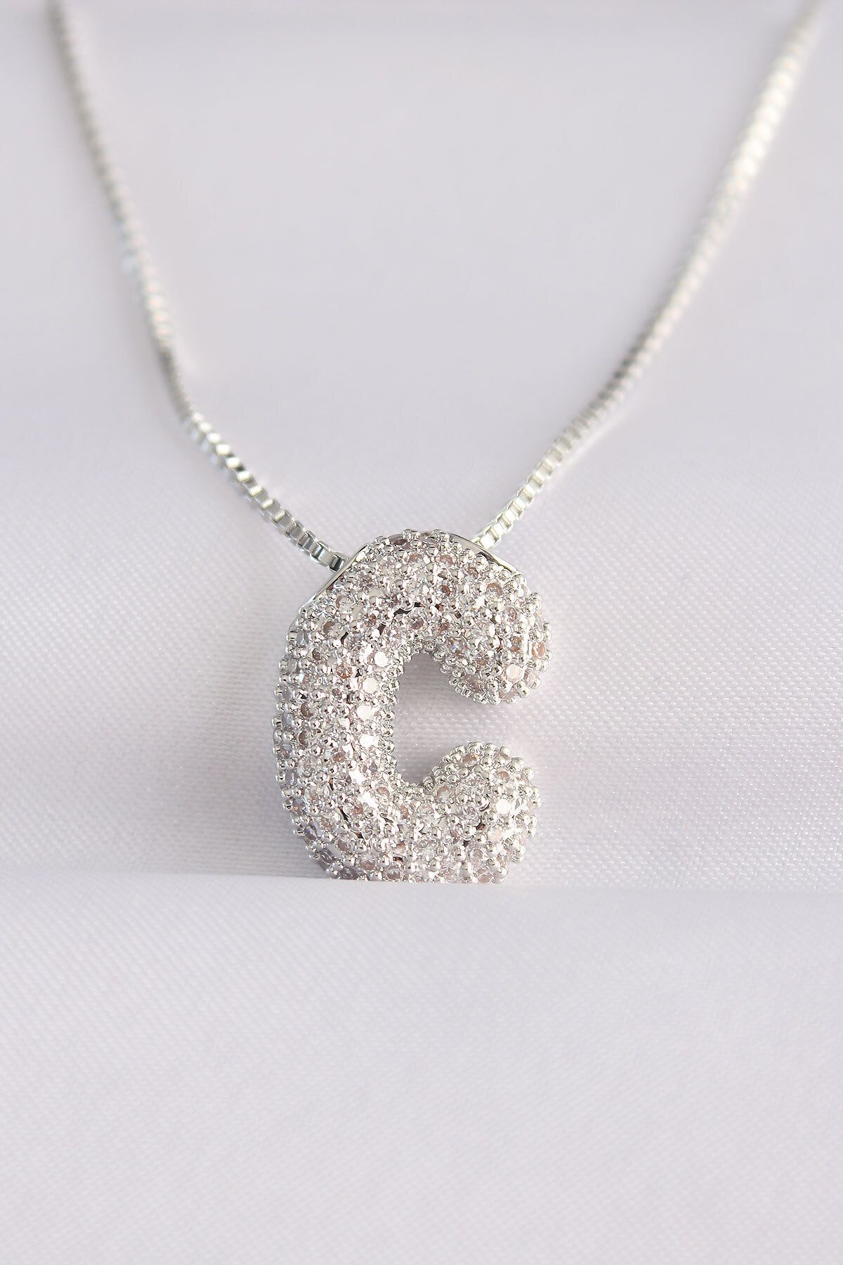 melfxxl eticaret 316L Çelik Zincirli Zirkon Taşlı C Harfli Silver Renk Bubble Kolye - Lisinya