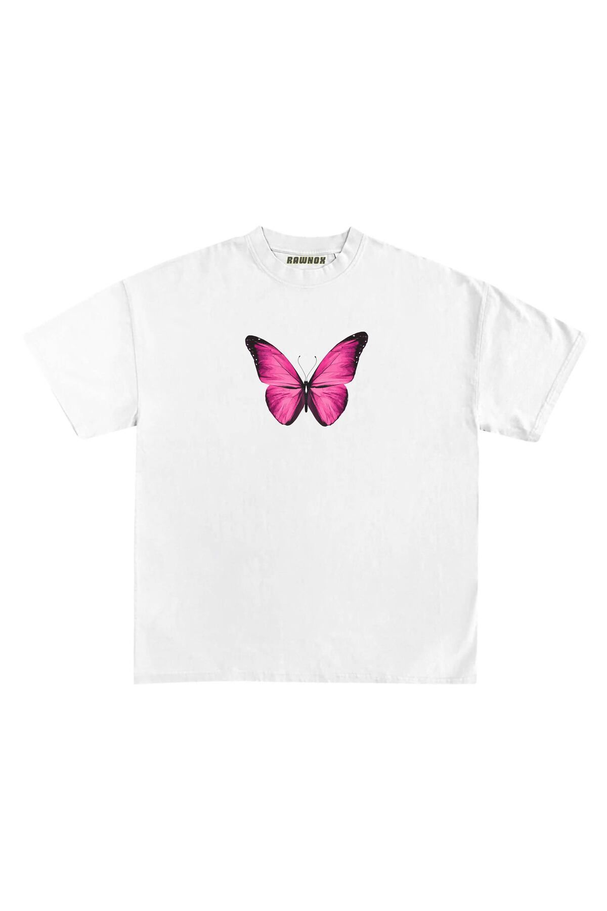 RawNox Unisex Bol Kalıp RawNox Özel Koleksiyon Pembe Kelebek Tshirt