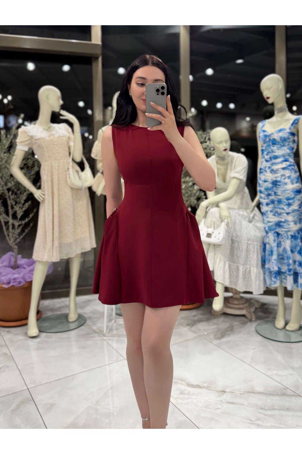 missswans Rika Eteği Yan Düğme Detaylı Mini Elbise Bordo