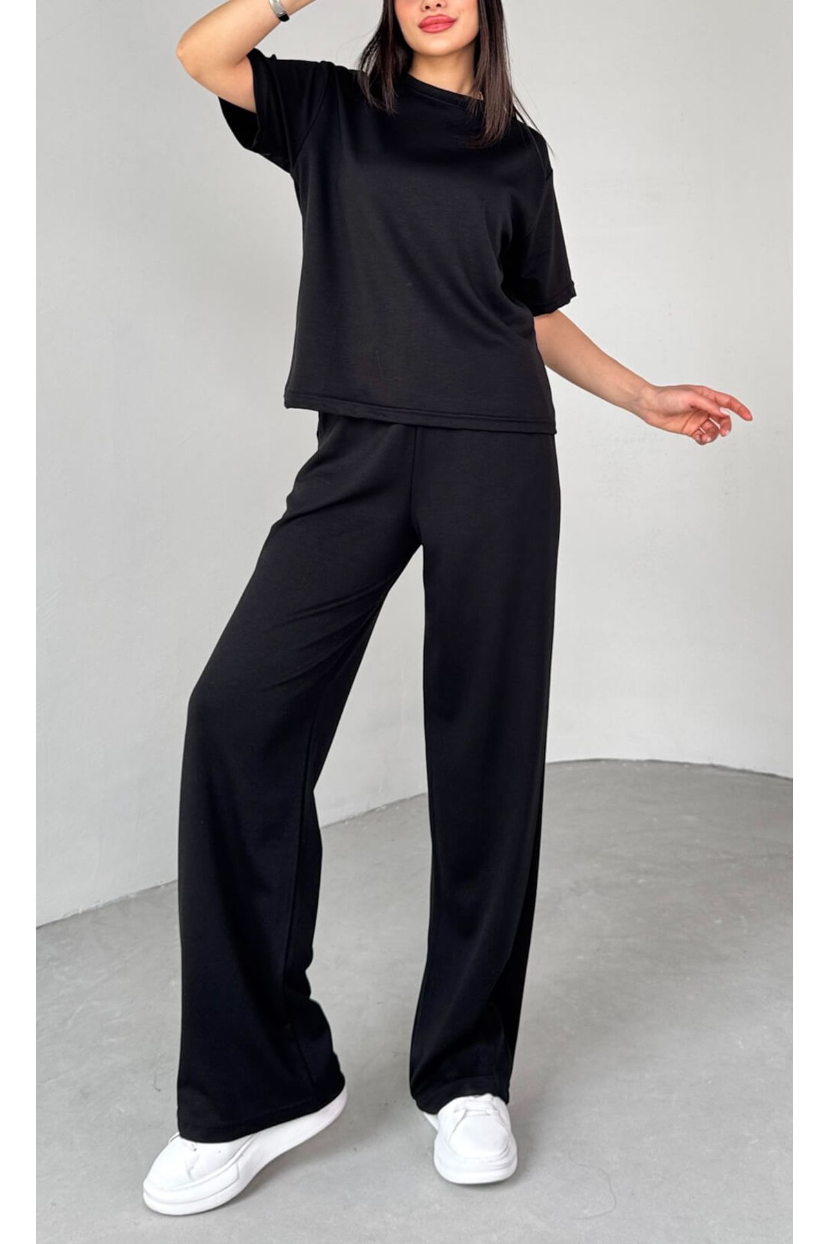 studio fashion 1988 Kadın Siyah Premium Modal Kumaş Bisiklet Yaka Kısa Kol Basic Takım