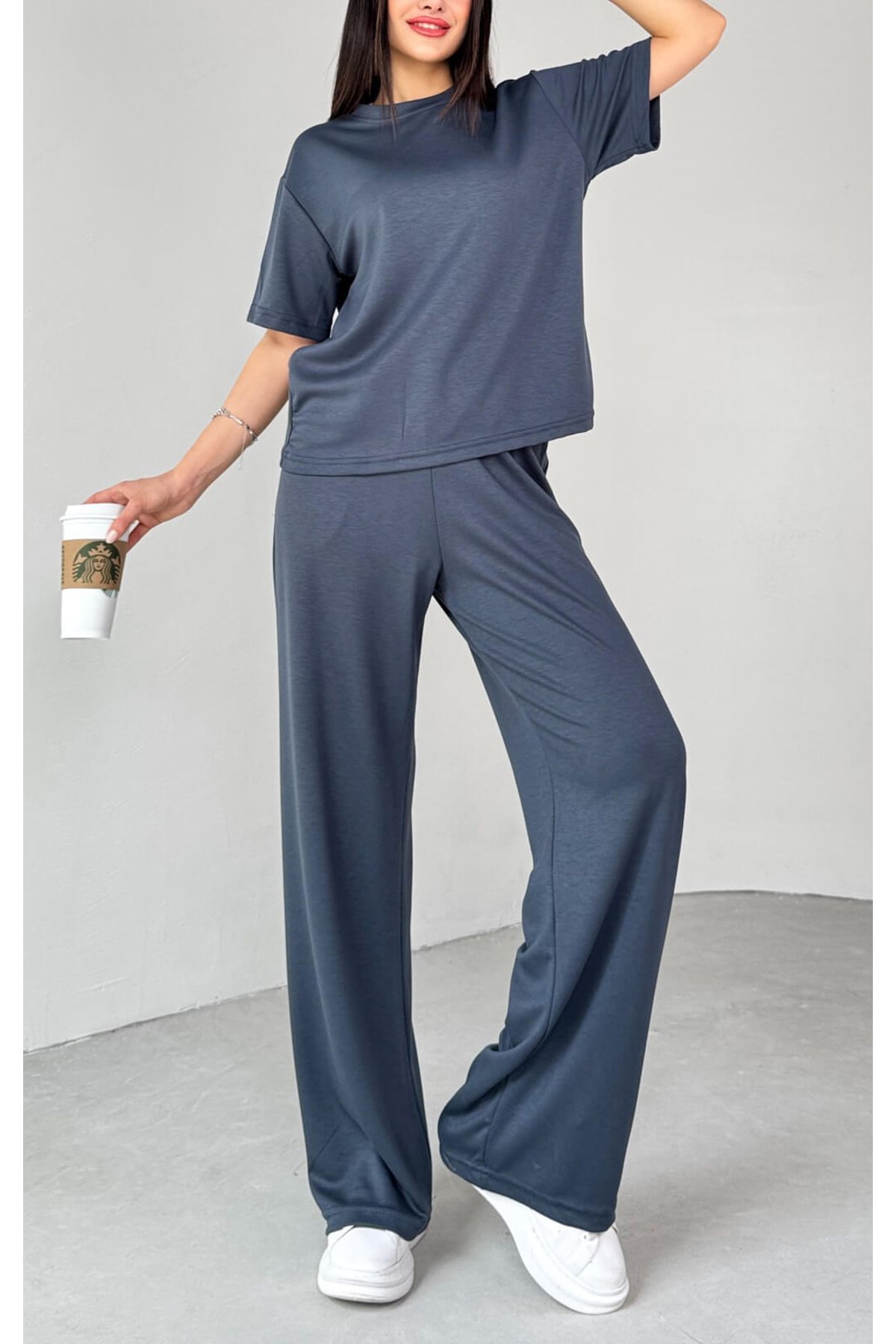 studio fashion 1988 Kadın Siyah Premium Modal Kumaş Bisiklet Yaka Kısa Kol Basic Takım