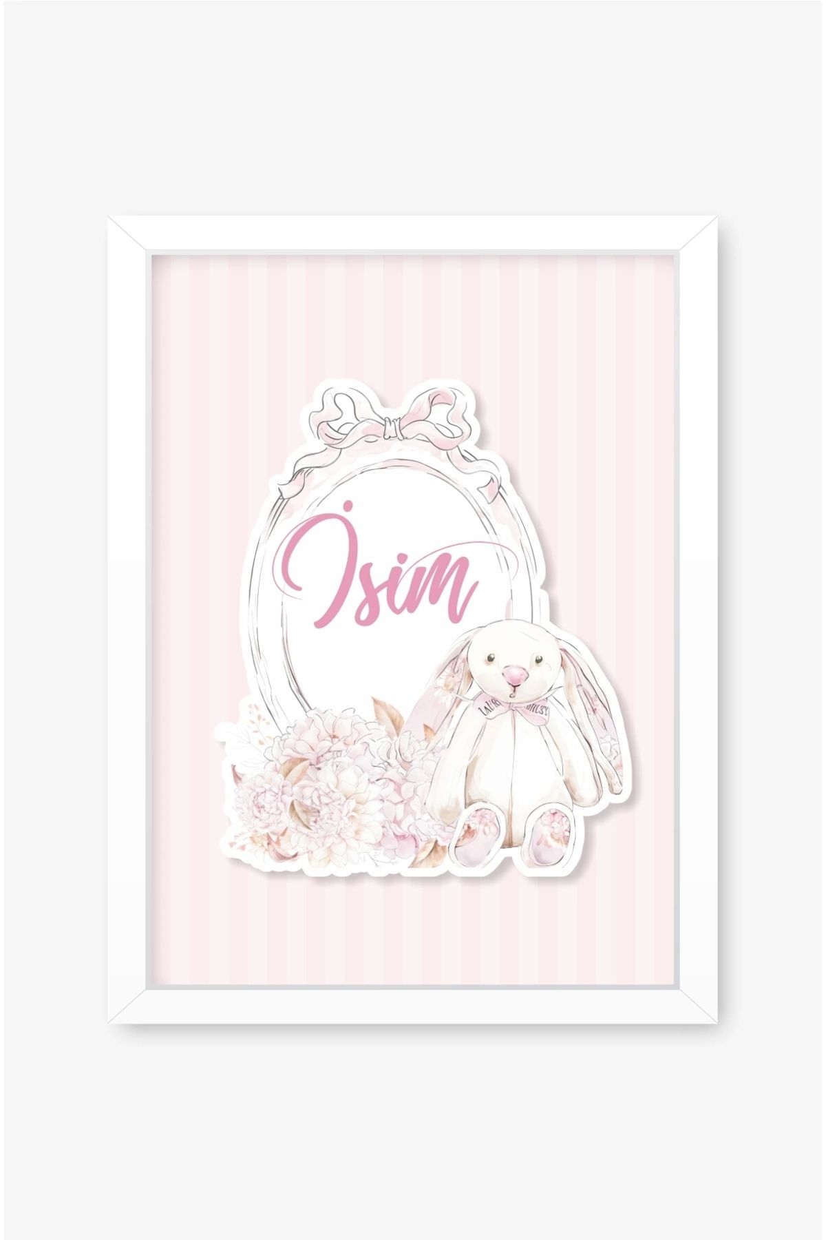 neşeli günlerim İsme Özel Soft Pink Tavşan Beyaz Çerçeve 30x40 cm Tablo, Hastane Odası Kapı Süsü, Çocuk Odası, Dekor