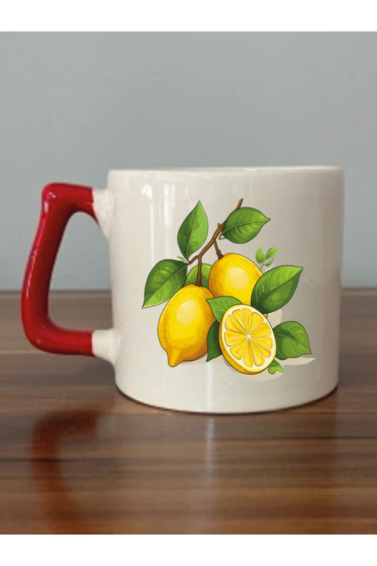BİBANAPROMOSYON Limon Temalı Kırmızı Kulplu Kupa Bardak - Seramik Çay, Kahve Hediyelik Bardağı