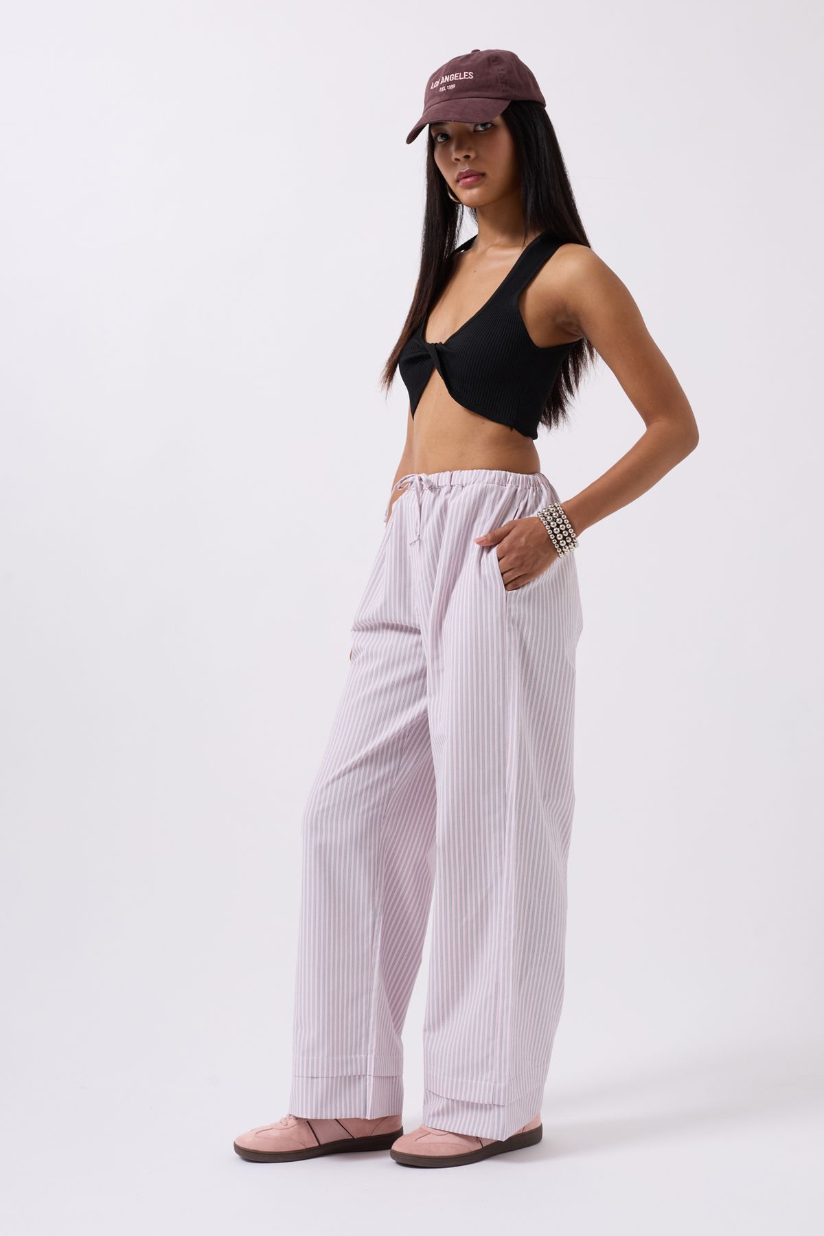 Black Fashion Çizgili Bel Lastikli Pembe Pantolon