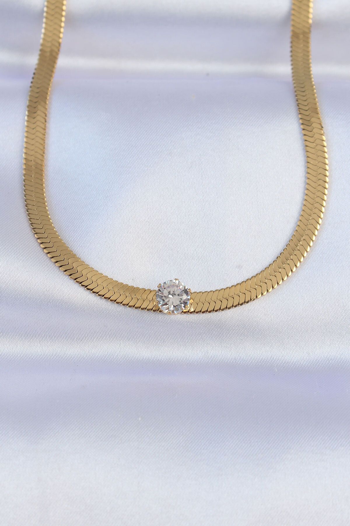 melfxxl eticaret 316L Çelik Gold Renk Tek Zirkon Taşlı İtalyan Zincir Kolye - Lisinya