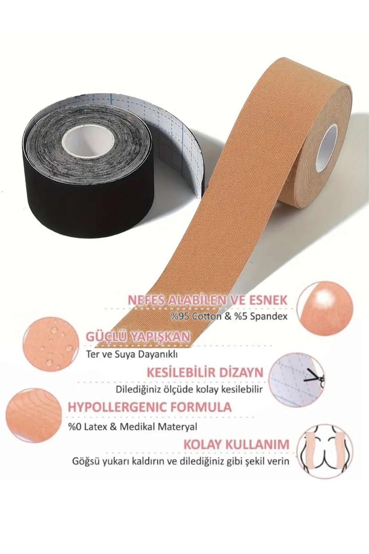 Bravie Destekleyici Şekillendirici Göğüs Bandı – Suya Dayanıklı, Esnek & Görünmez Destek | 5 cm x 5 m
