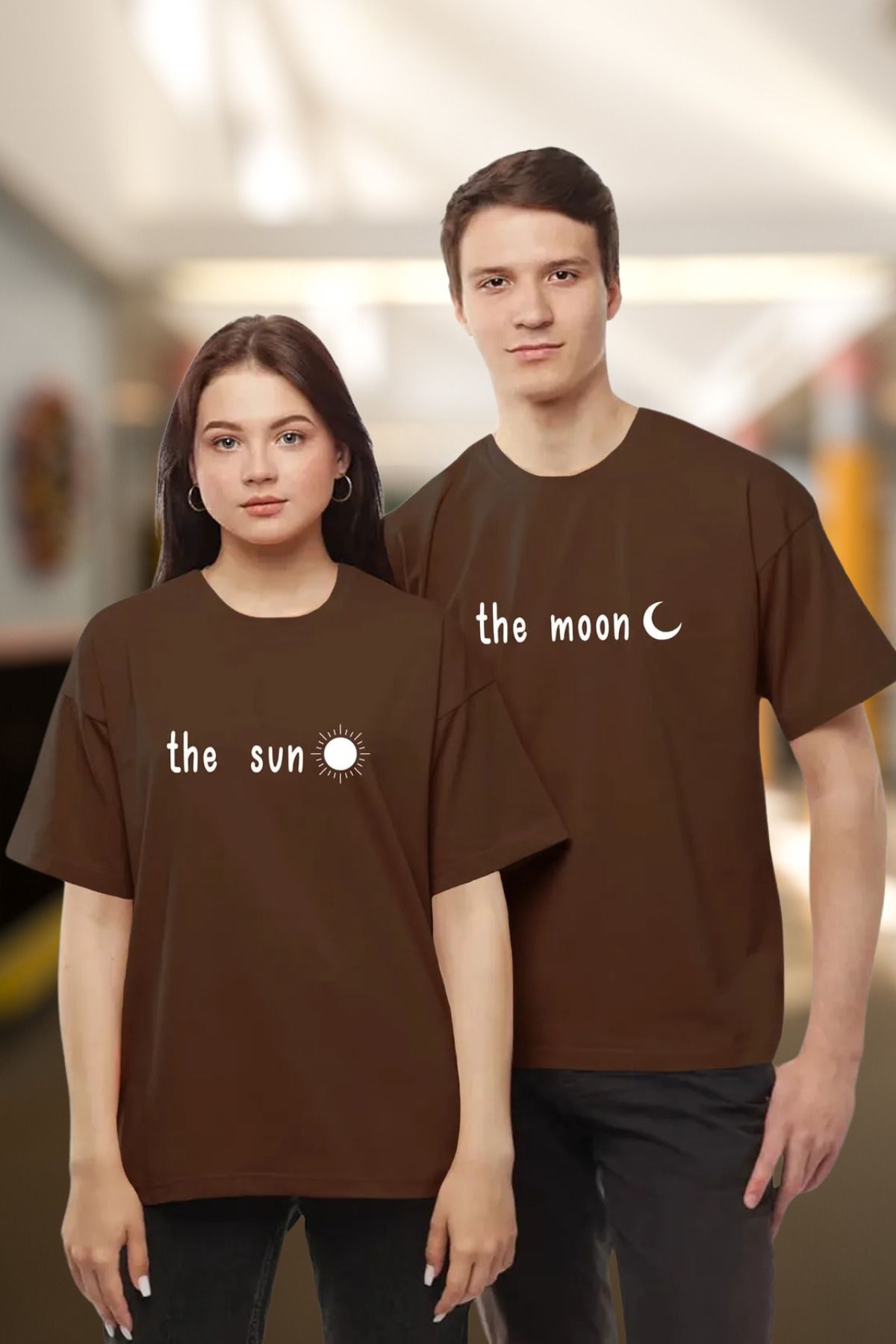 DESCARTES The Moon The Sun Baskılı Tişört Sevgili Çift Takım Ay Güneş Siyah Beyaz Oversize Couple T-Shirt