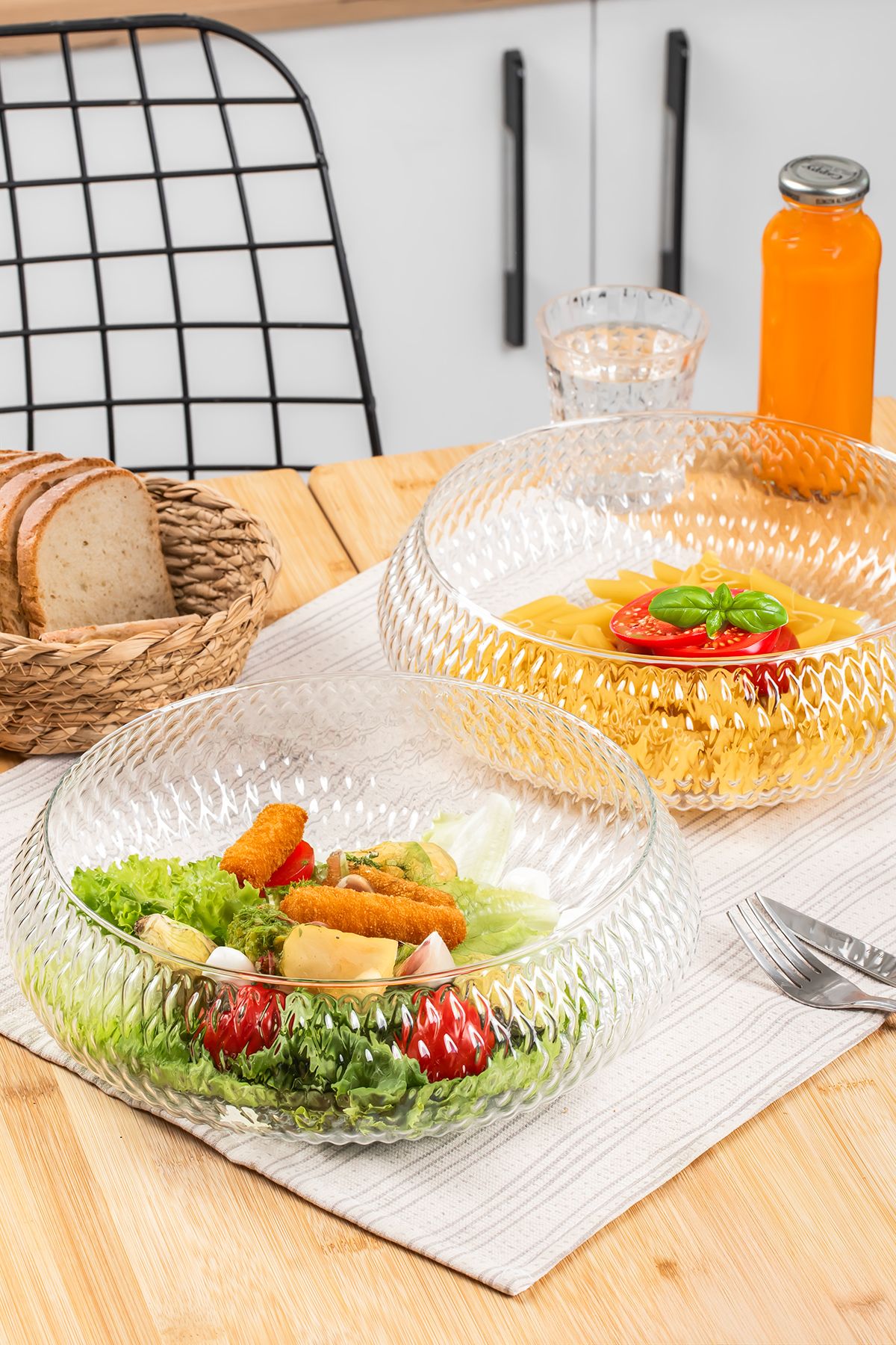 Porsima 4319 Rustik El Yapımı Büyük Boy Cam Salata Meyve Çerez Makarna Sunum Kasesi Şeffaf 26cm