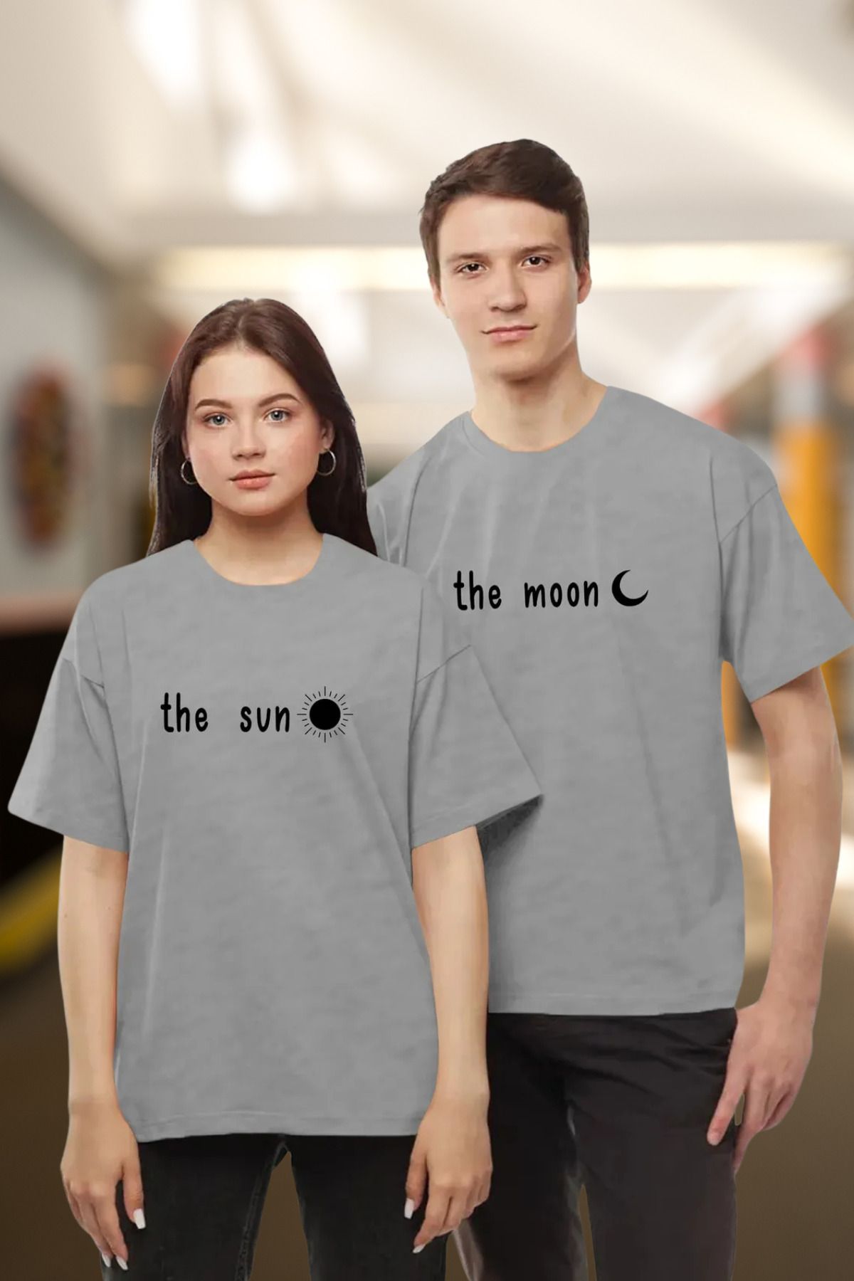 DESCARTES The Moon The Sun Baskılı Tişört Sevgili Çift Takım Ay Güneş Siyah Beyaz Oversize Couple T-Shirt