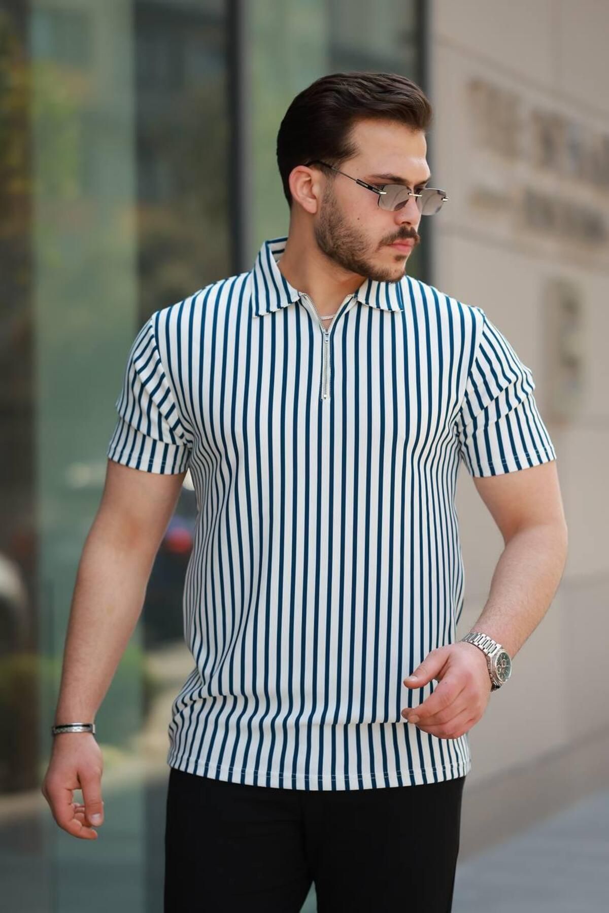 giyimadam16 YATAY ÇİZGİLİ FERMUARLI POLO YAKA