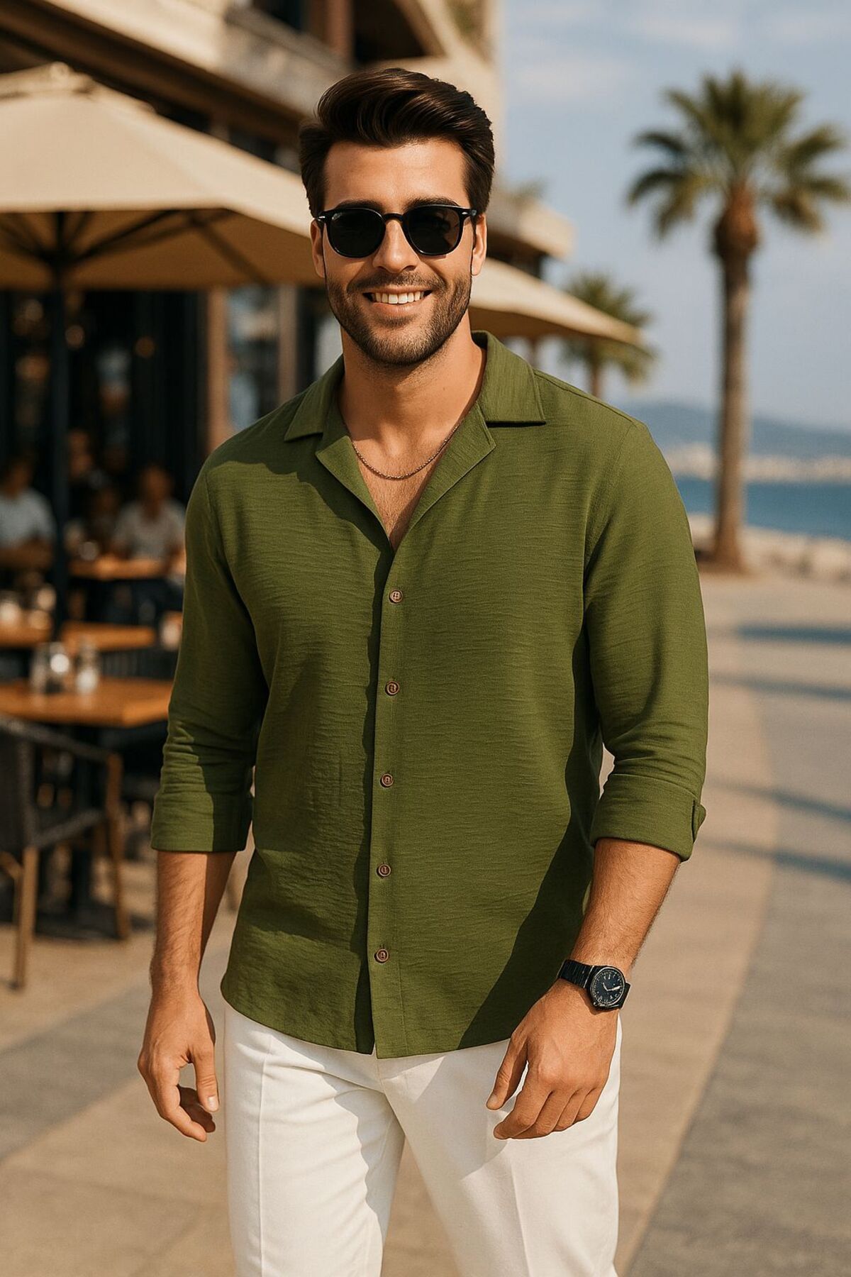 EKZMODA Erkek Haki Keten Dokulu Oversize Bol Kalıp Gömlek