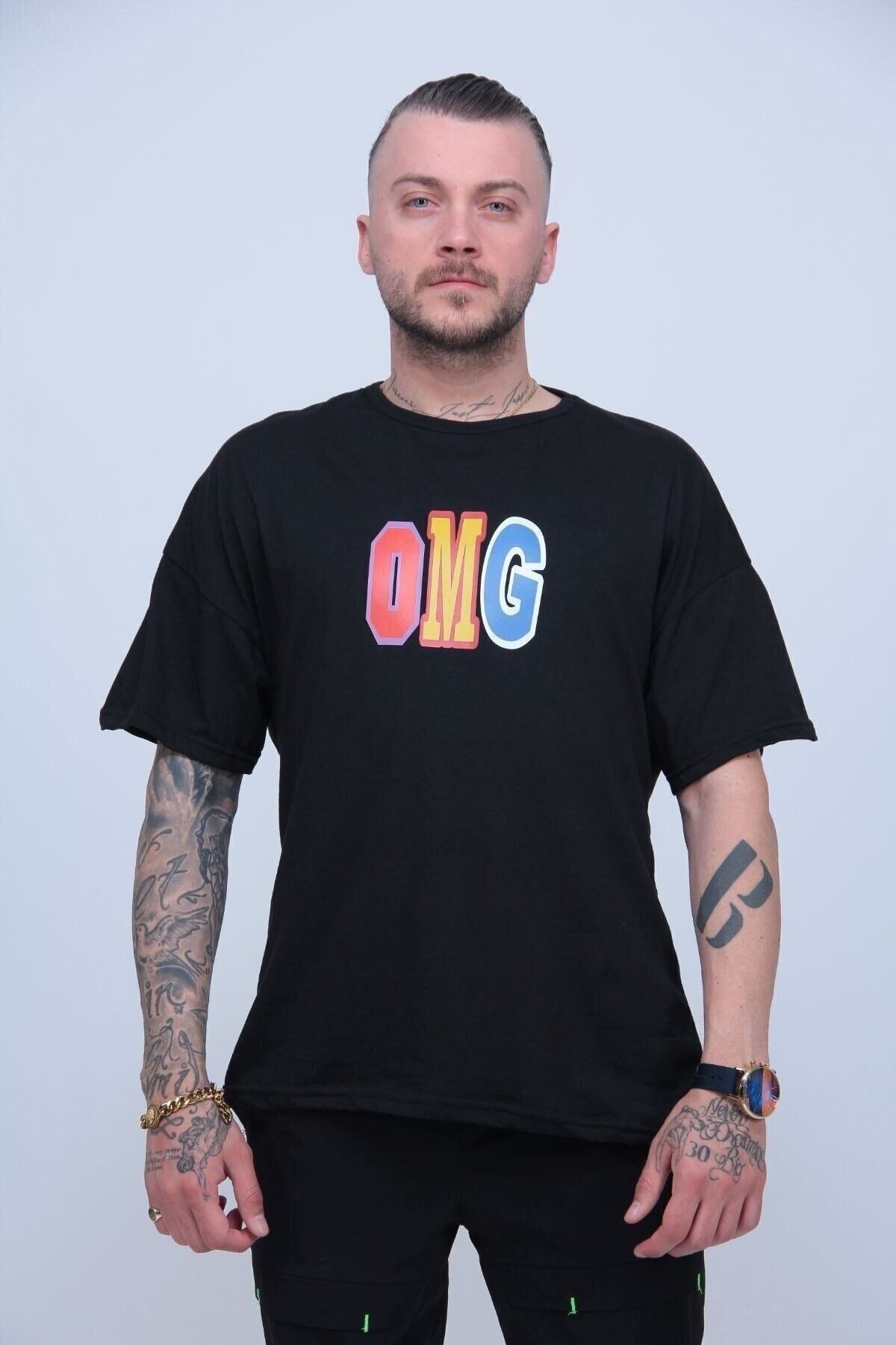 ELNOYA Unisex Şık Tasarım Erkek Oversize Siyah Tişört "OMG" Grafik Baskılı
