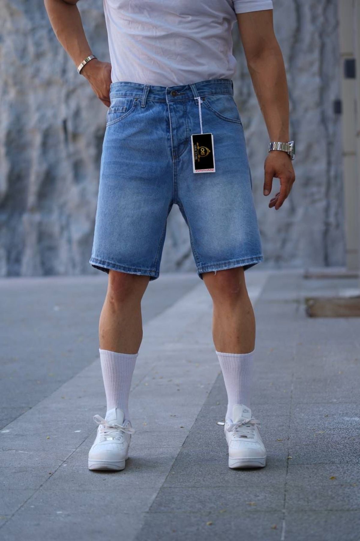 oraystore Erkek Mavi Taşlamalı Rahat Kalıp Kot Şort