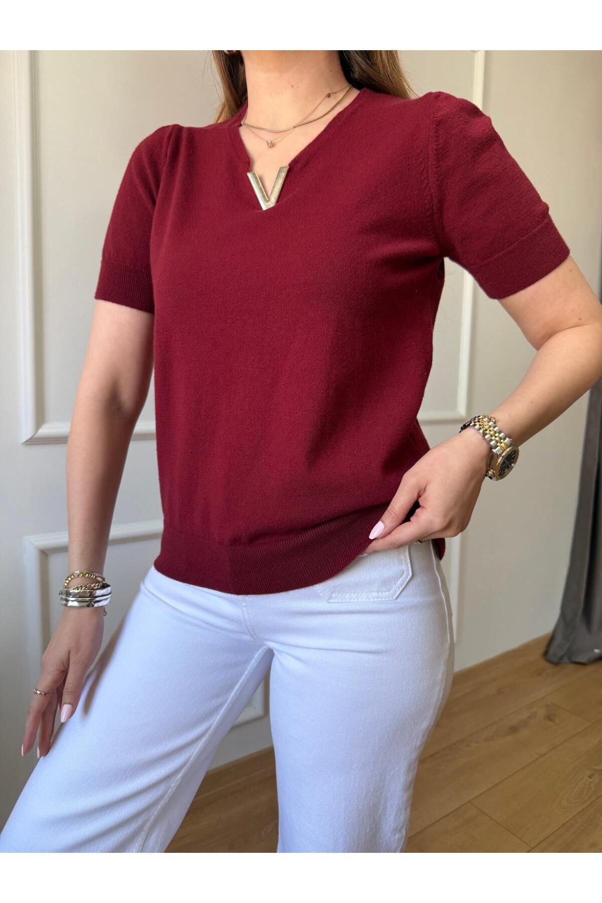 Size Özgü Bordo Gold Tokalı Triko